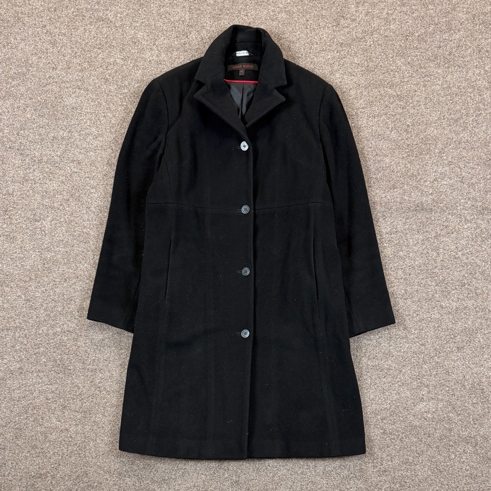 Vtg Anne Klein Black Wool Cashmere Mid Length Single Breasted Overcoat Women’s 8